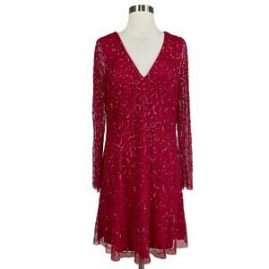 Adrianna Papell Red Sequin Long Sleeve Mini Cocktail Dress Size 10 V-Neck A-Line